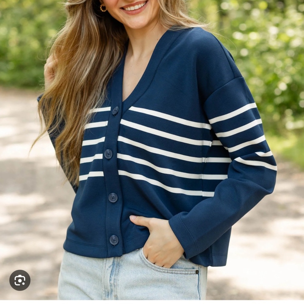NEW NWT SPANX Navy and off White Button-Up stripe Cardigan size XS